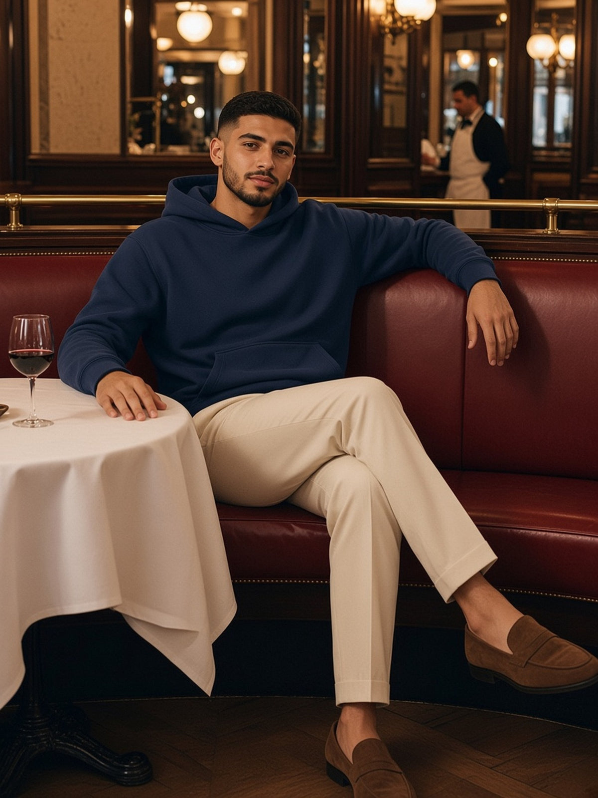 Man in Marcel Afters Drop Shoulder Hoodie in Navy Blue, model front