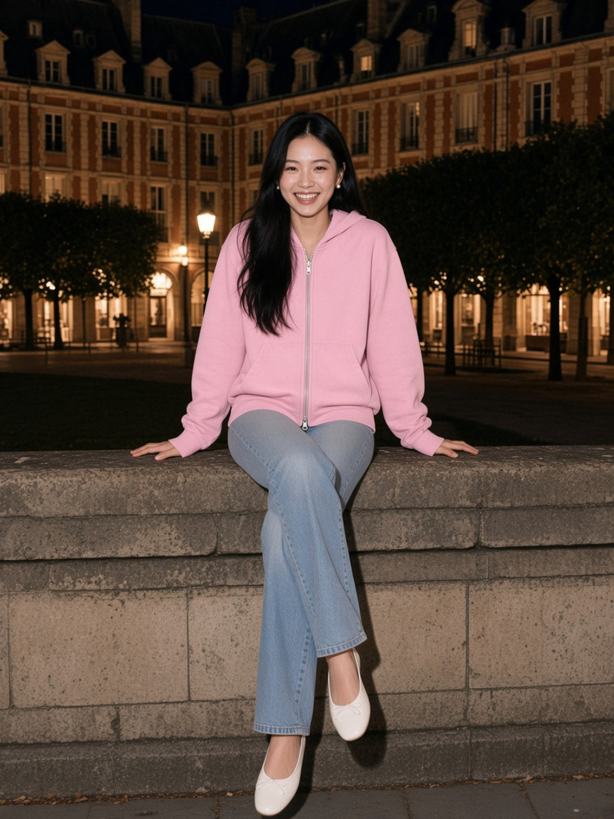 Woman in the Mineral Wash Boxy Full Zip Hoodie in Pink, model front
