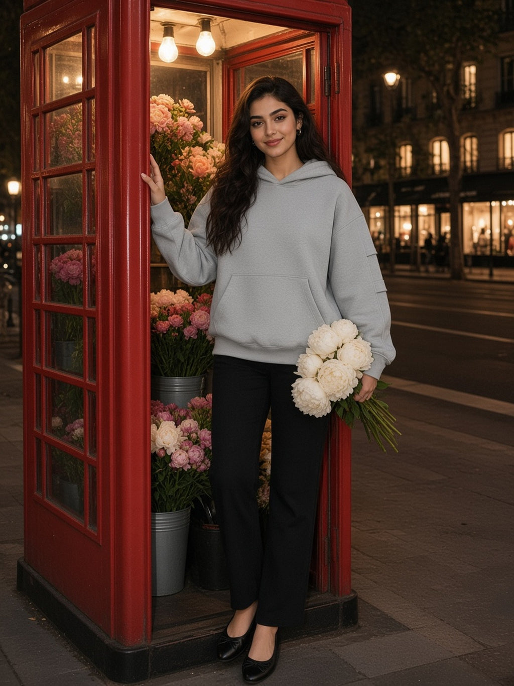Woman in the Heavyweight Ruched Sleeves Hoodie in Flower Gray, model front