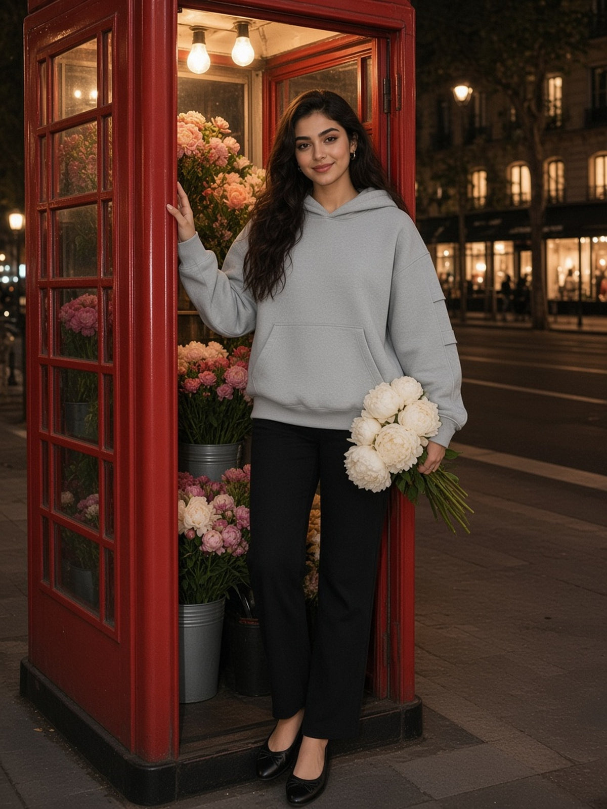 Woman in the Heavyweight Ruched Sleeves Hoodie in Flower Gray, model front