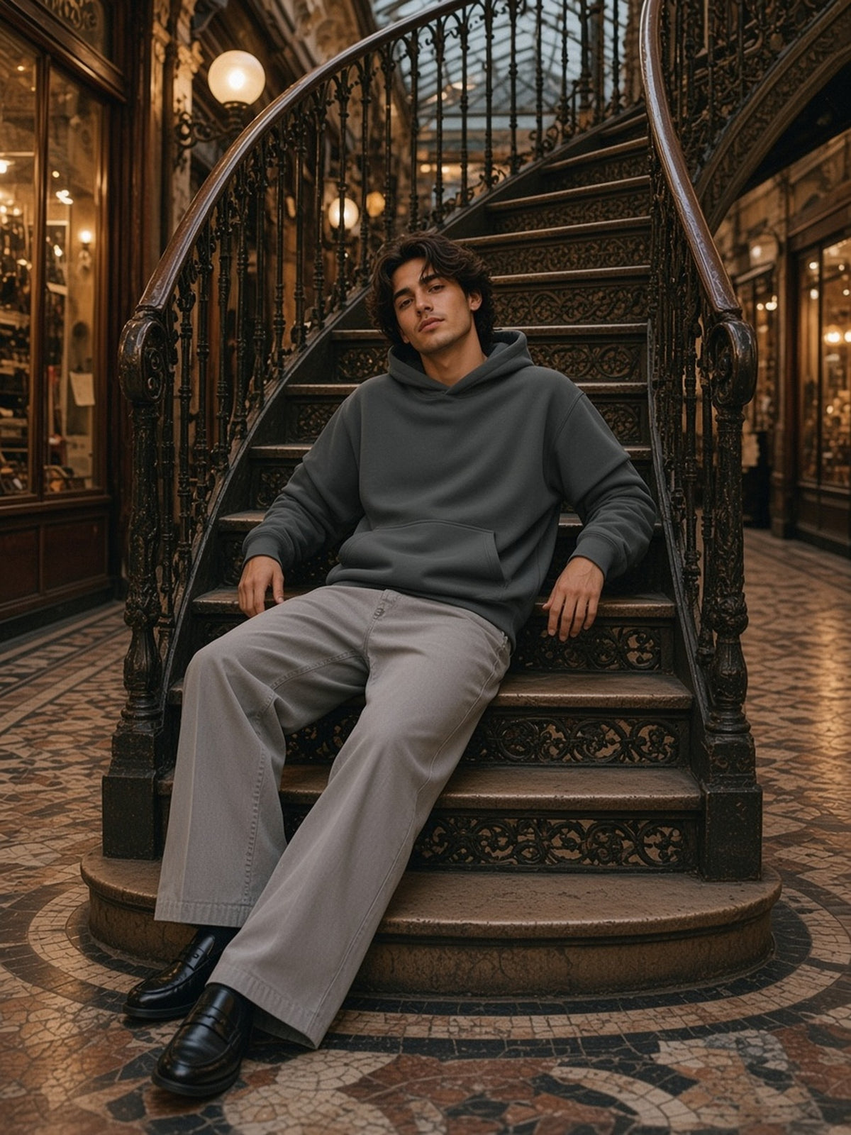 Man in the Heavyweight Ruched Sleeves Hoodie in Dark Gray, model front
