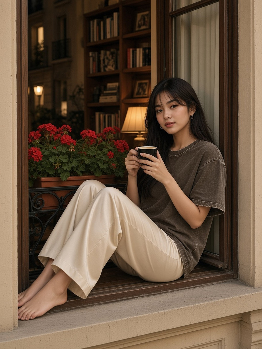 Woman in the Snow Washed Raw-Edge Neckline T-Shirt in Coffee, model front