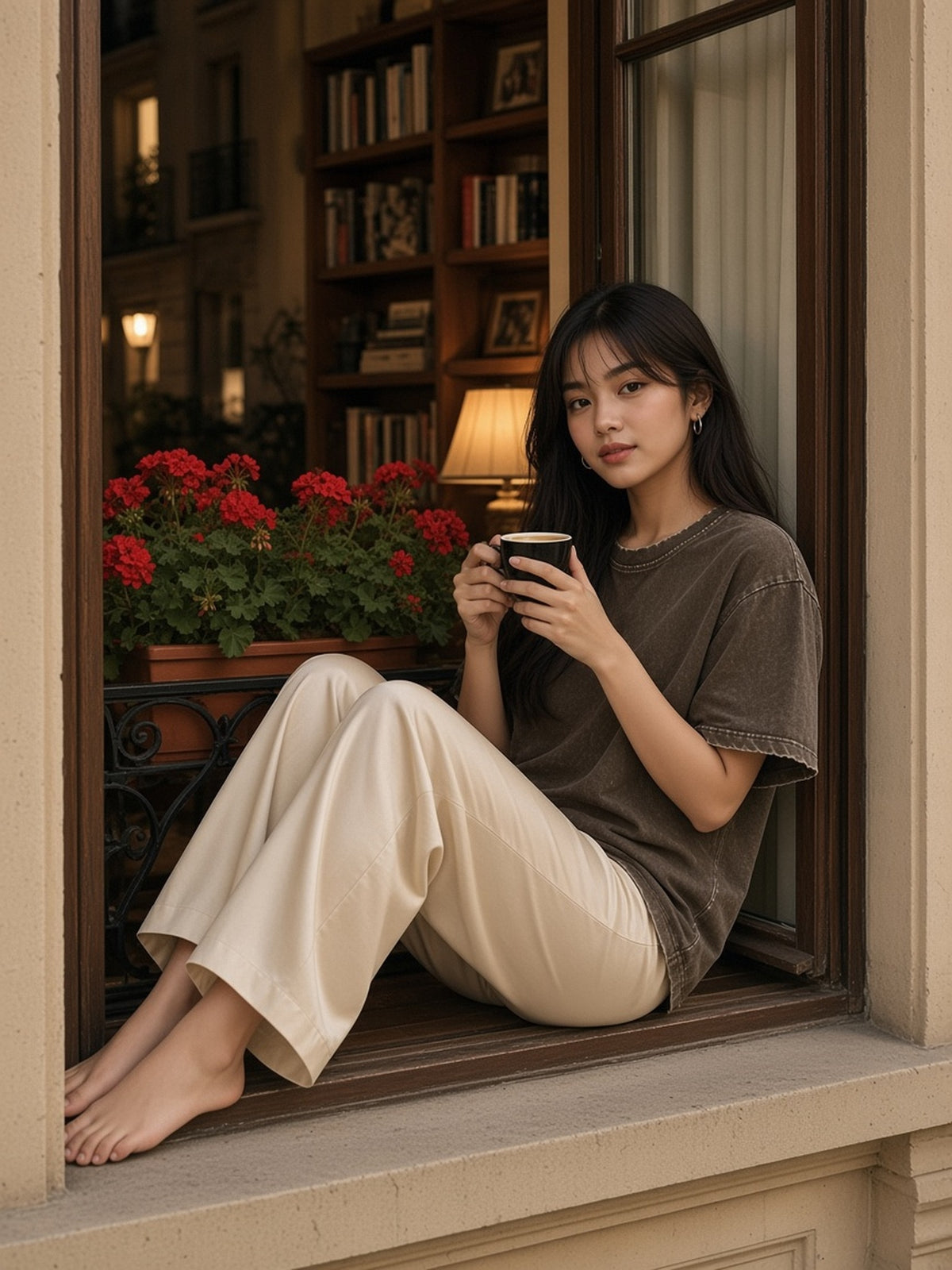Woman in the Snow Washed Raw-Edge Neckline T-Shirt in Coffee, model front
