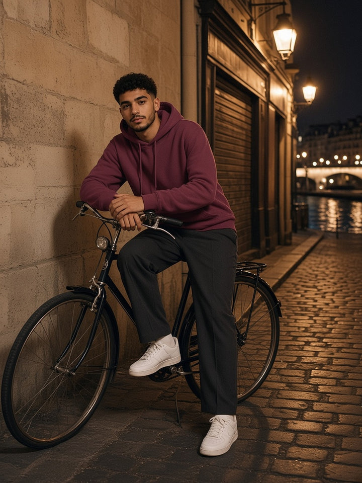 Man in the Essential Heavyweight Hoodie, 400 gsm in Dull Red, model front