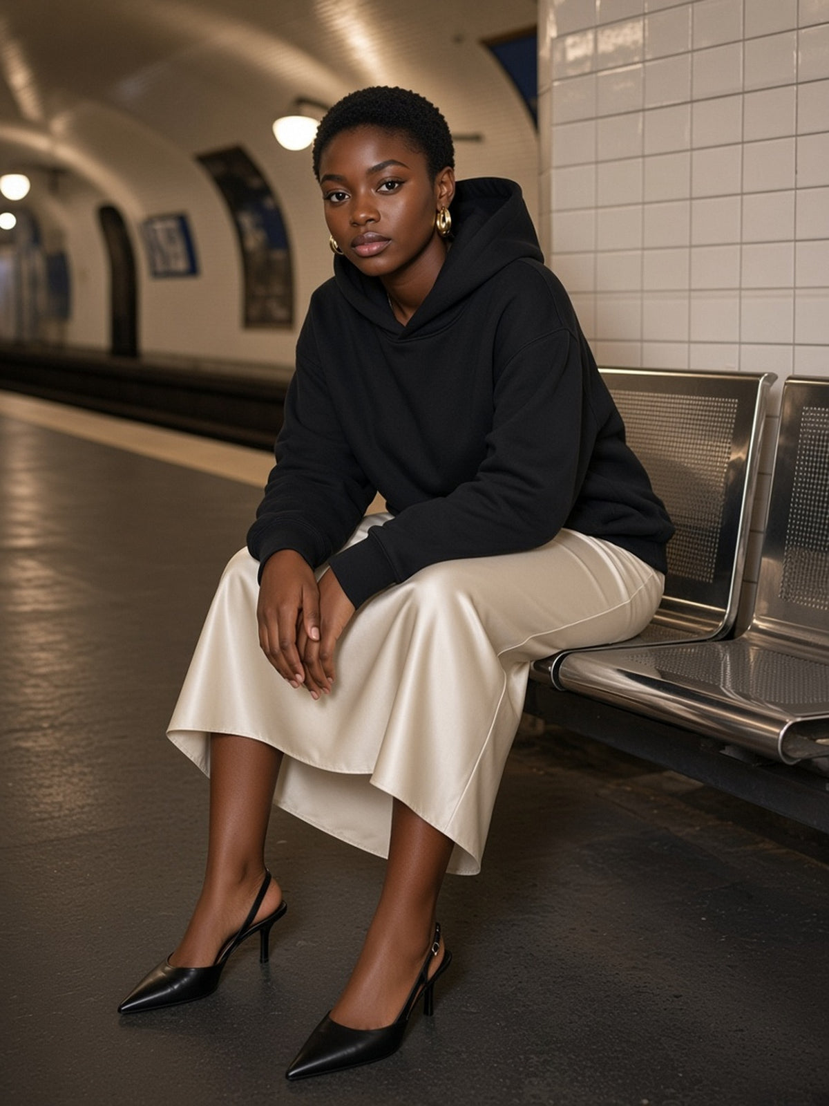 Woman in the Oversized Drop Shoulder Hoodie in Black, model front