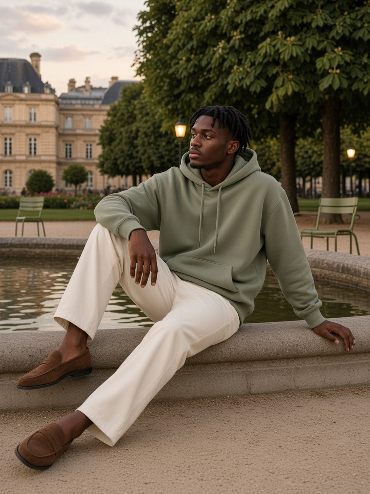 Man in the Essential Heavyweight Drop-Shoulder Hoodie in Gray Green, model front
