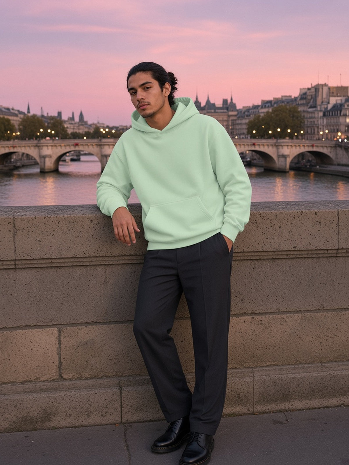 Man in the Essential Heavyweight Drop-Shoulder Hoodie in Light Green, model front