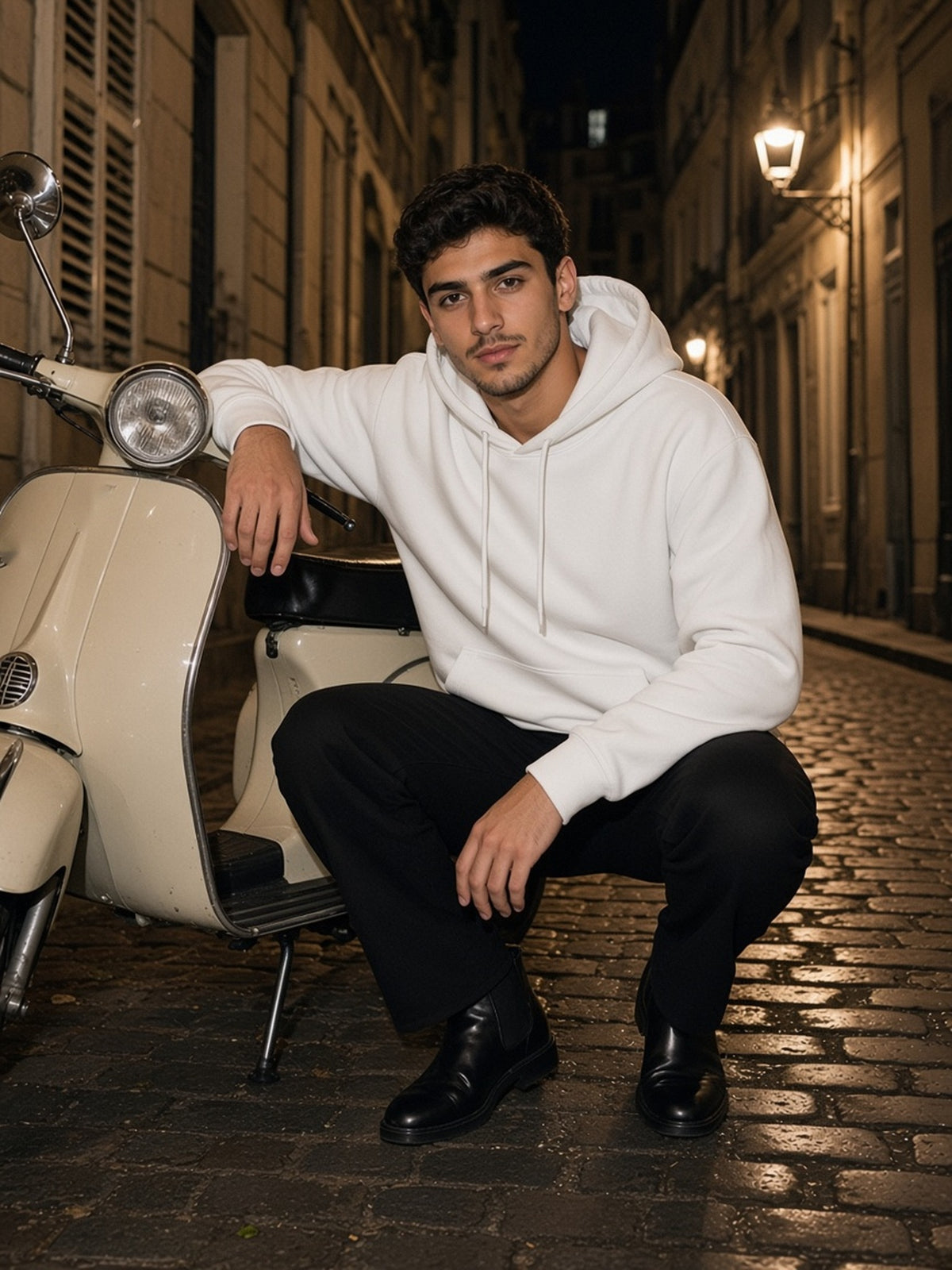 Man in the Essential Heavyweight Drop-Shoulder Hoodie in White, model front