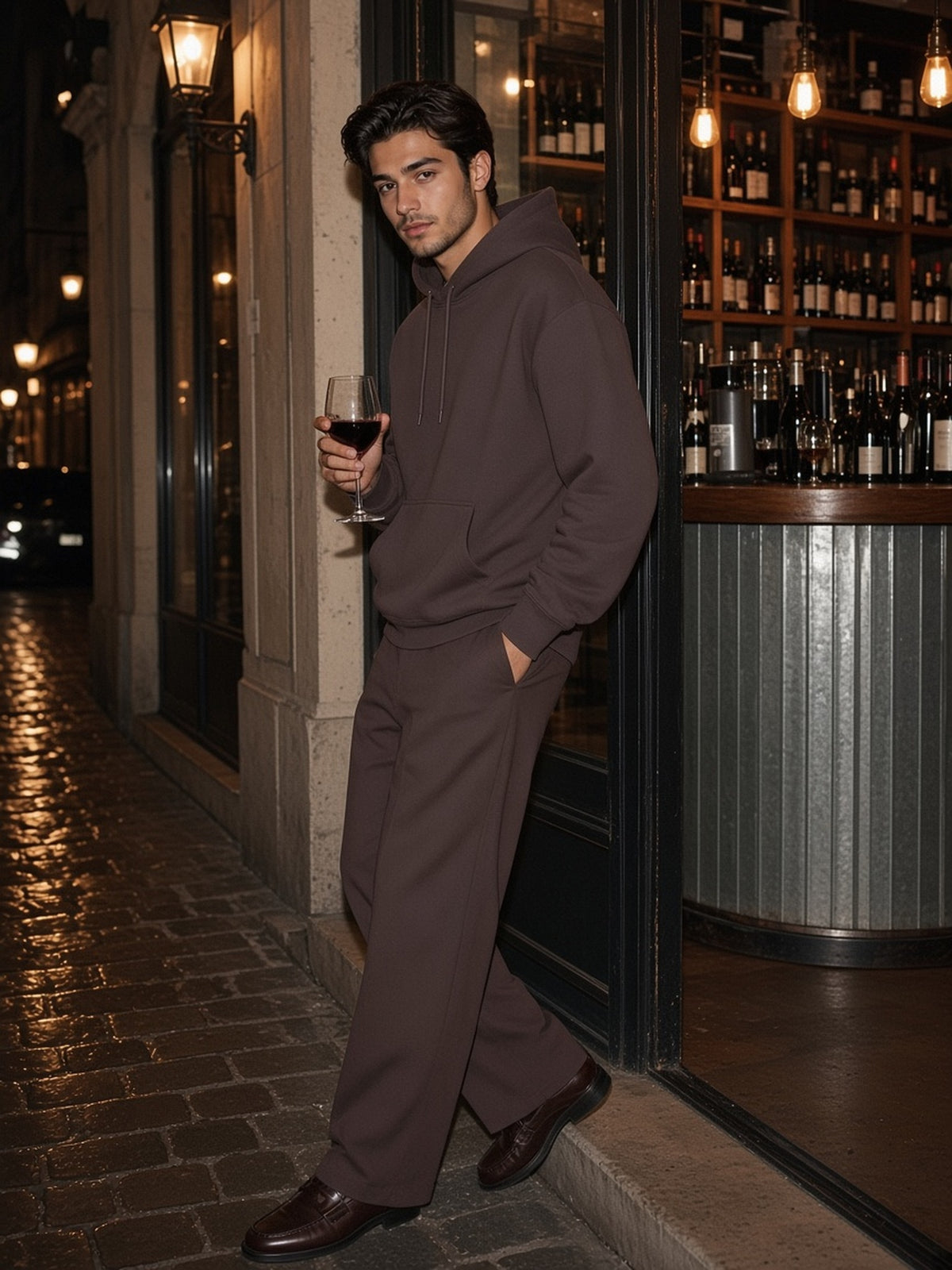 Man in the Essential Heavyweight Drop-Shoulder Hoodie in Ume Purple, model front