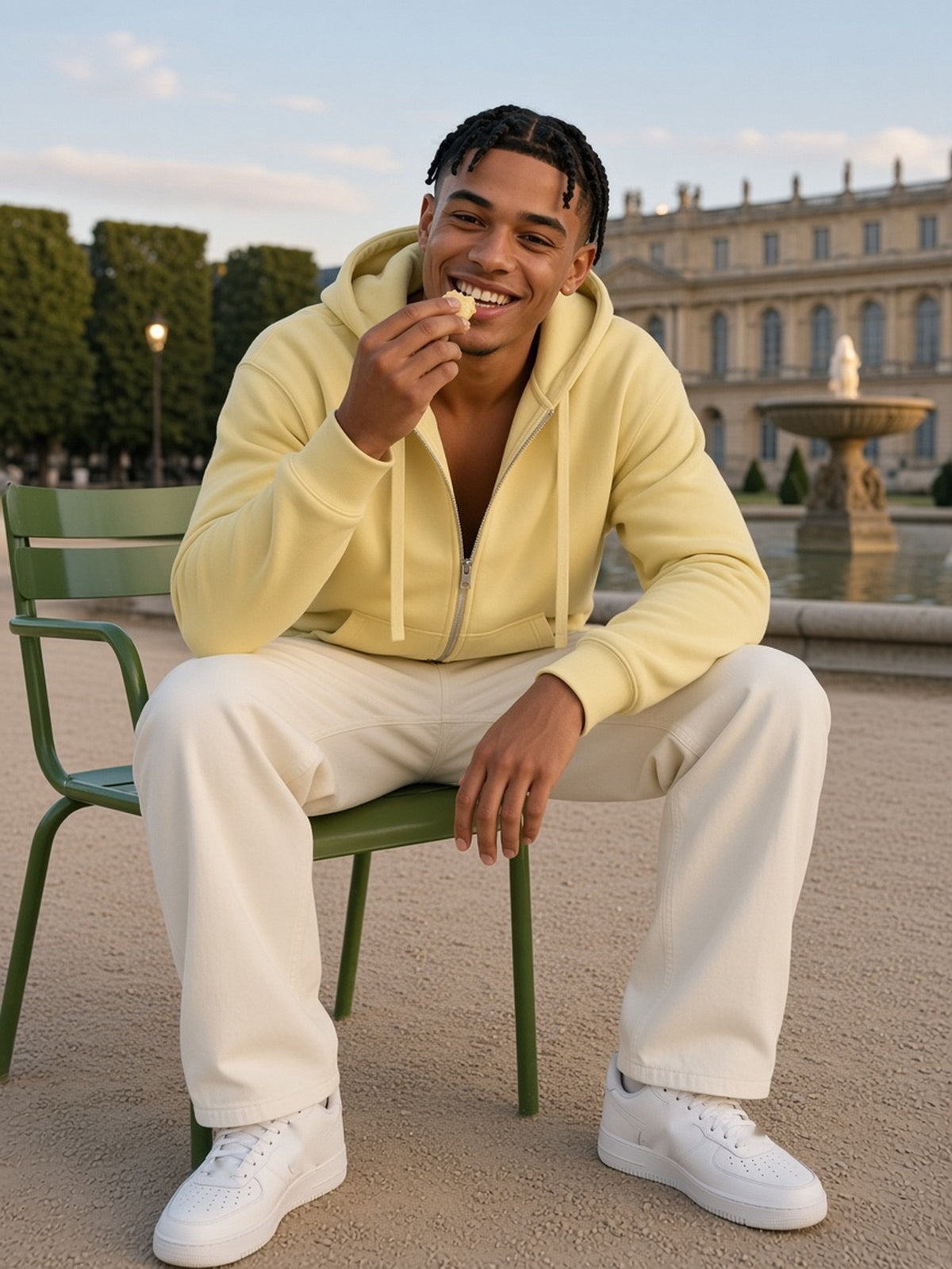 Man in Marcel Afters Drop-Shoulder Zip Up Hoodie in Yellow, model front