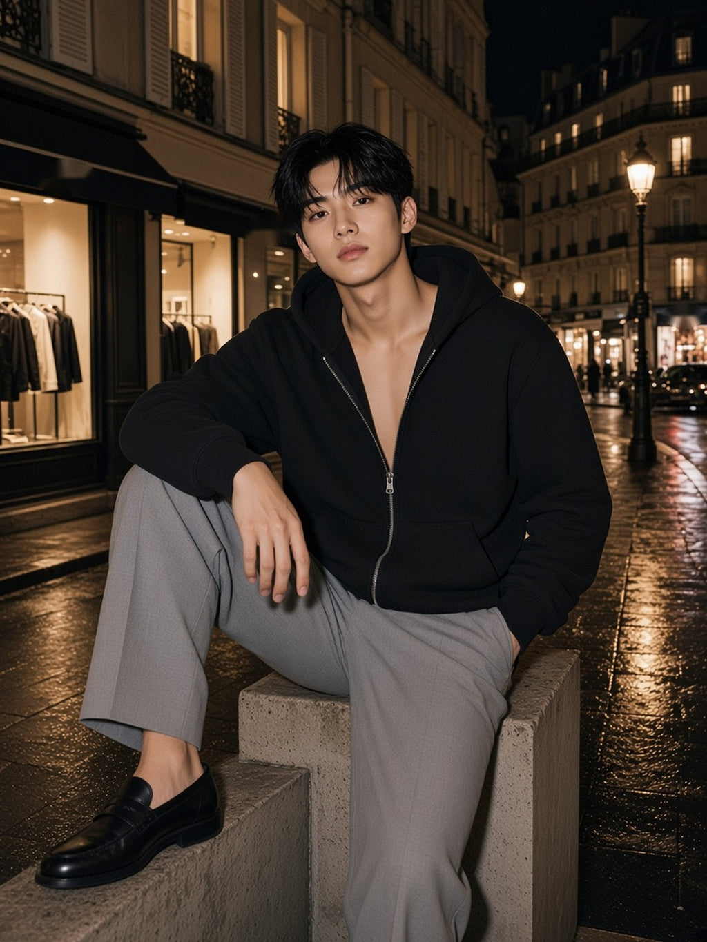 Man in the Fleece Full Zip Hoodie in Black, model front
