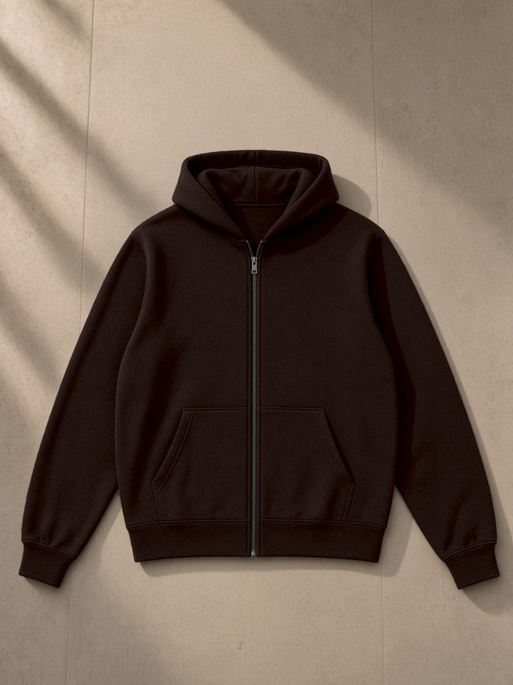 Fleece Full Zip Hoodie in Coffee, laid flat on pale limestone, front view