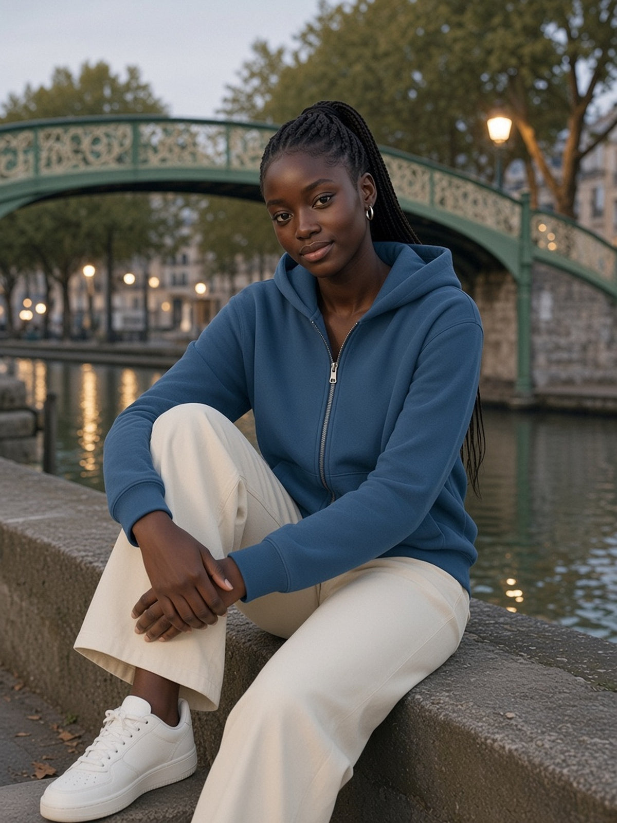 Woman in the Fleece Full Zip Hoodie in Haze Blue, model front