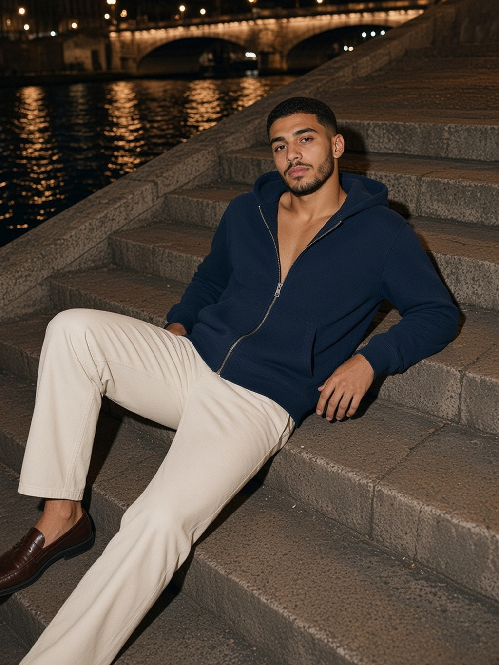 Man in the Fleece Full Zip Hoodie in Navy Blue, model front
