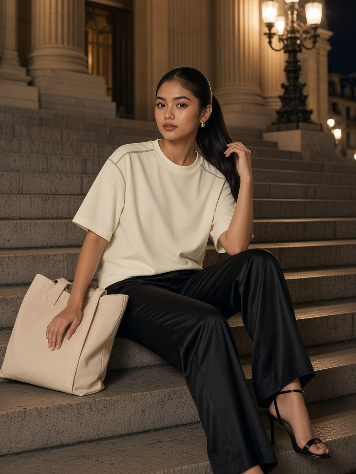 Woman in the Oversized Contrast-Stitched Cotton Tee in Mild Apricot, model front