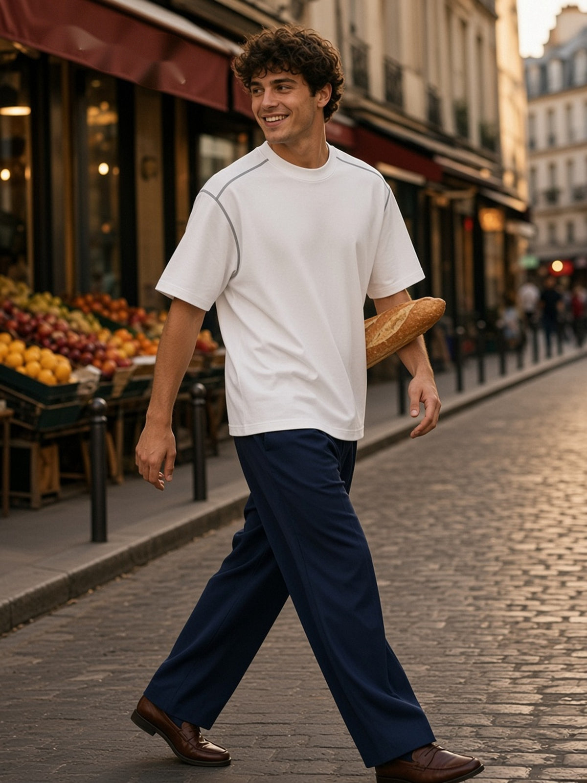 Man in the Oversized Contrast-Stitched Cotton Tee in White, model front
