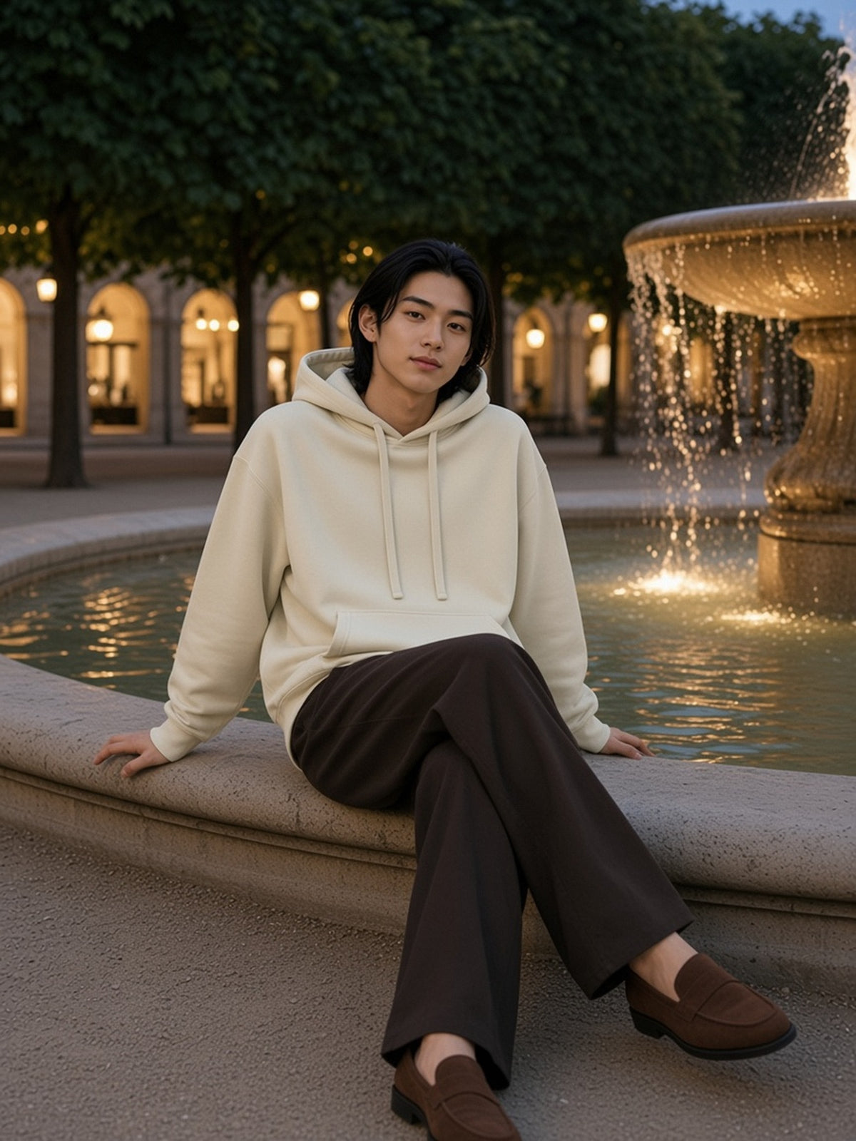 Man in the Oversized Drop Shoulder Hoodie, 360 gsm in Beige Camel, model front