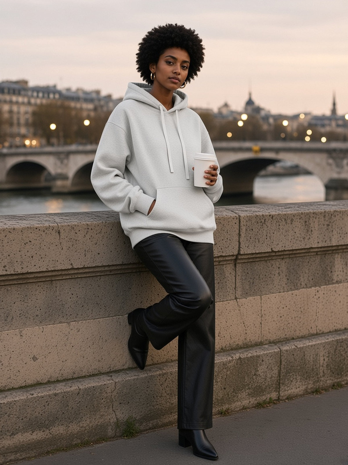 Woman in the Oversized Drop Shoulder Hoodie, 360 gsm in Flower Gray, model front