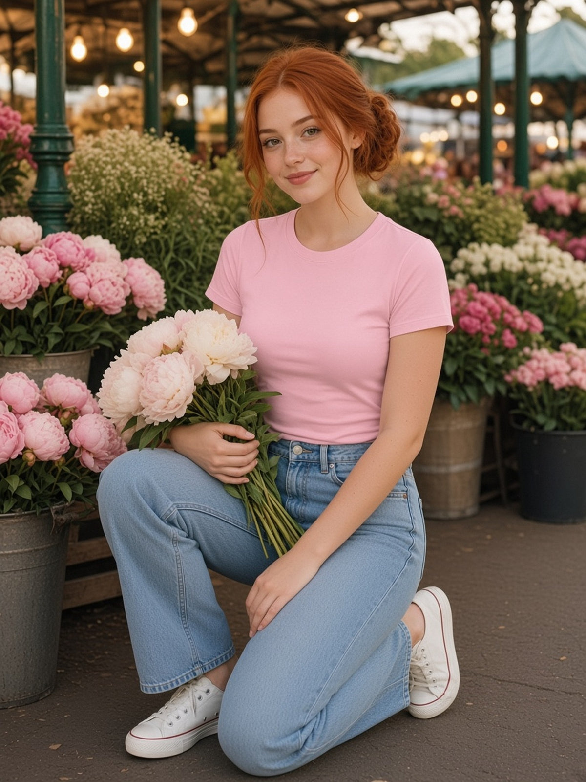 Woman in the Vintage Wash Slim Fit T-shirt in Light Pink, model front