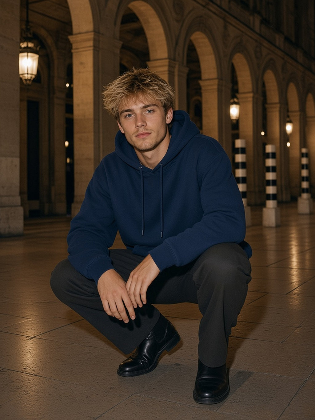 Man in the Oversized Drop Shoulder Hoodie, 360 gsm in Navy Blue, model front