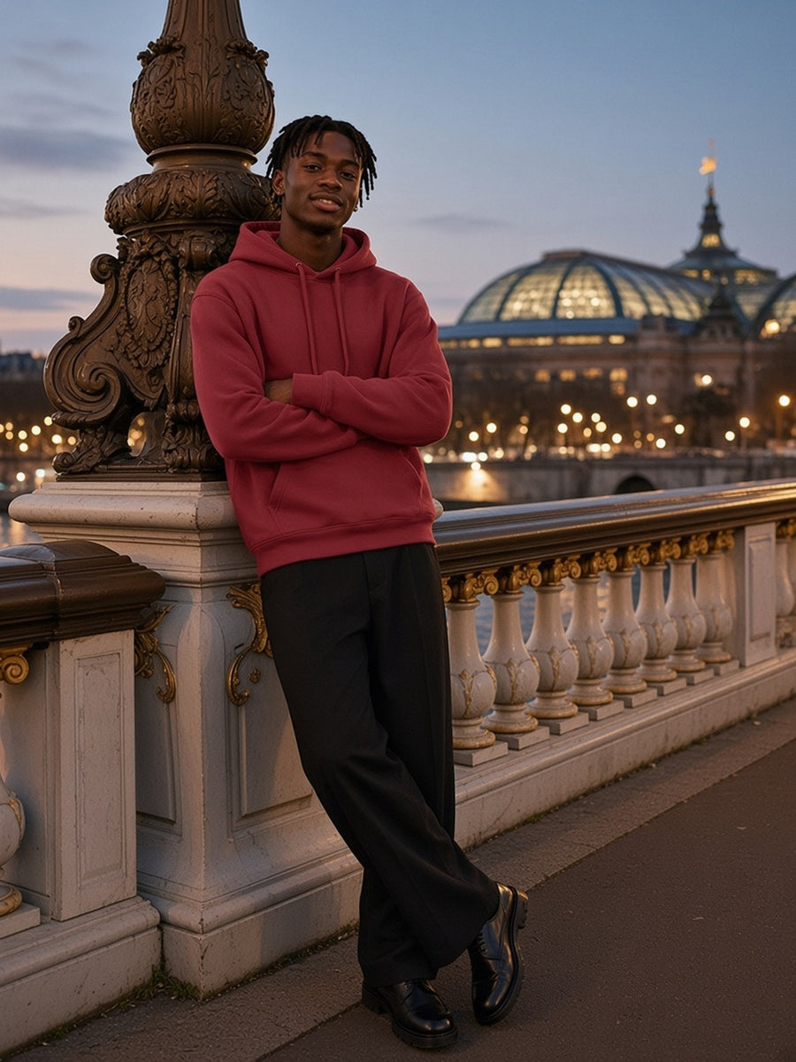 Man in the Oversized Drop Shoulder Hoodie, 360 gsm in Red, model front