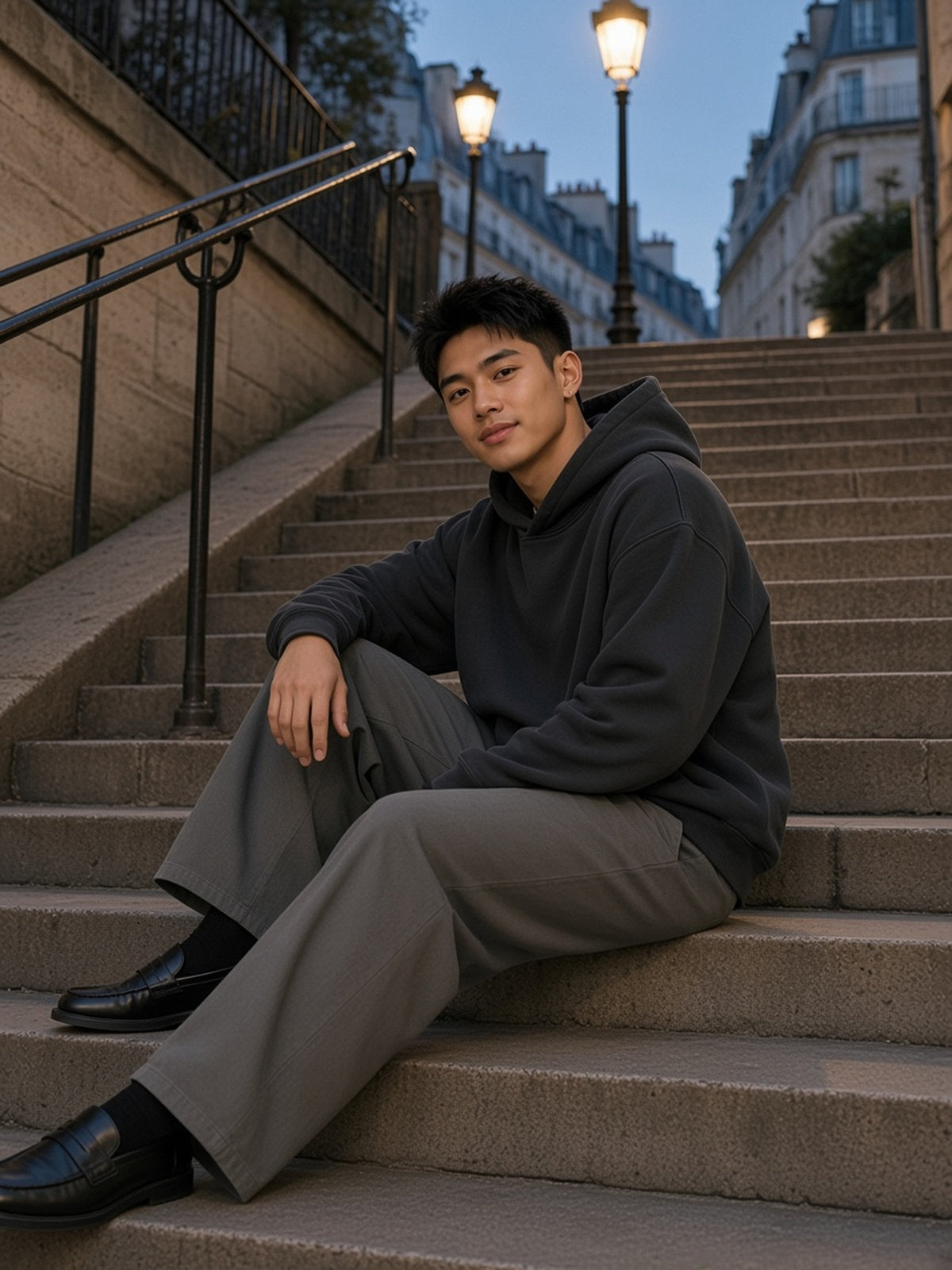 Man in the Vintage Wash Boxy Hoodie in Black, model front