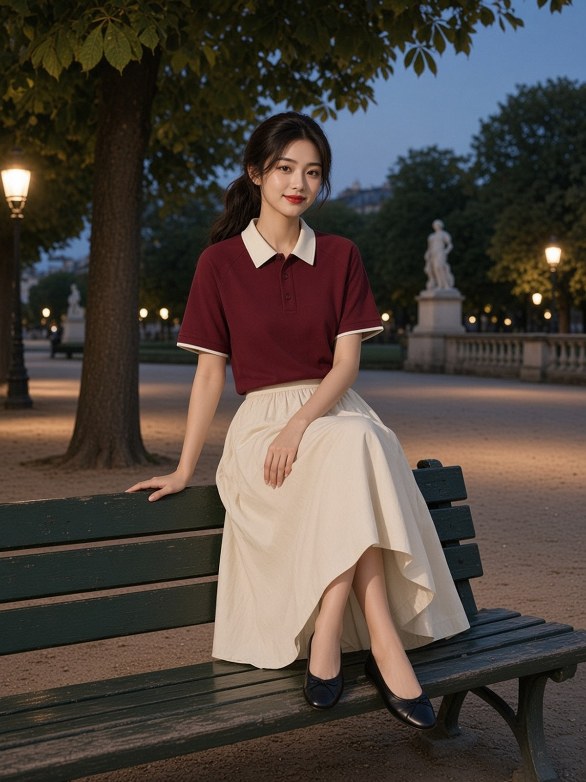 Woman in the Contrast Collar Raglan Polo Shirt in Wine Red, model front