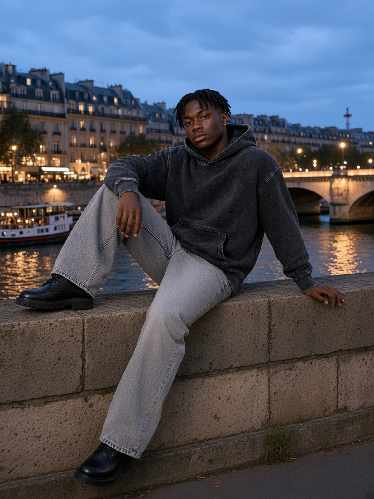 Man in the Snow Wash Hand-Frayed Heavyweight Hoodie in Black, model front