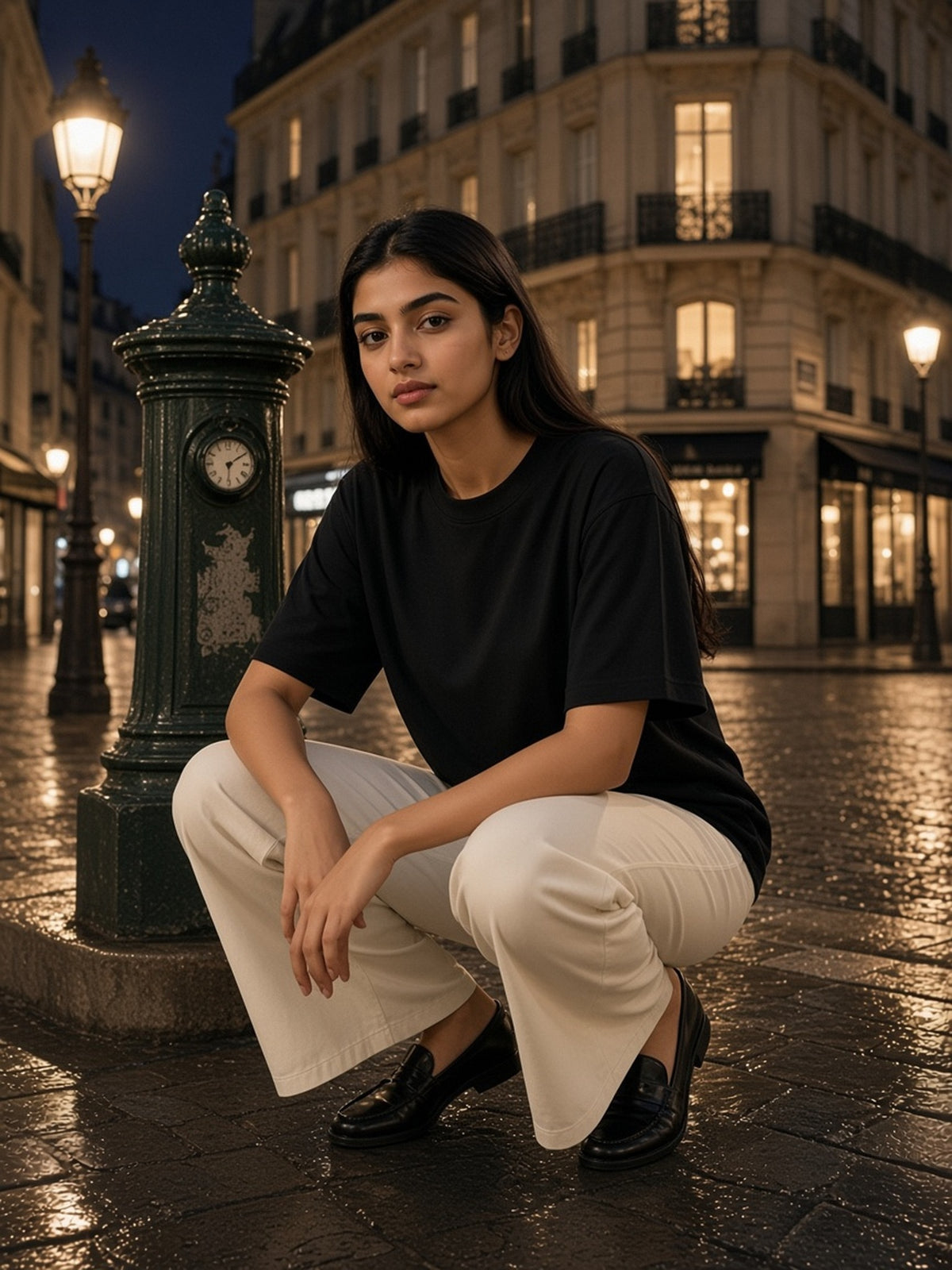 Woman in Loose Fit Crewneck T-Shirt in Black, model front