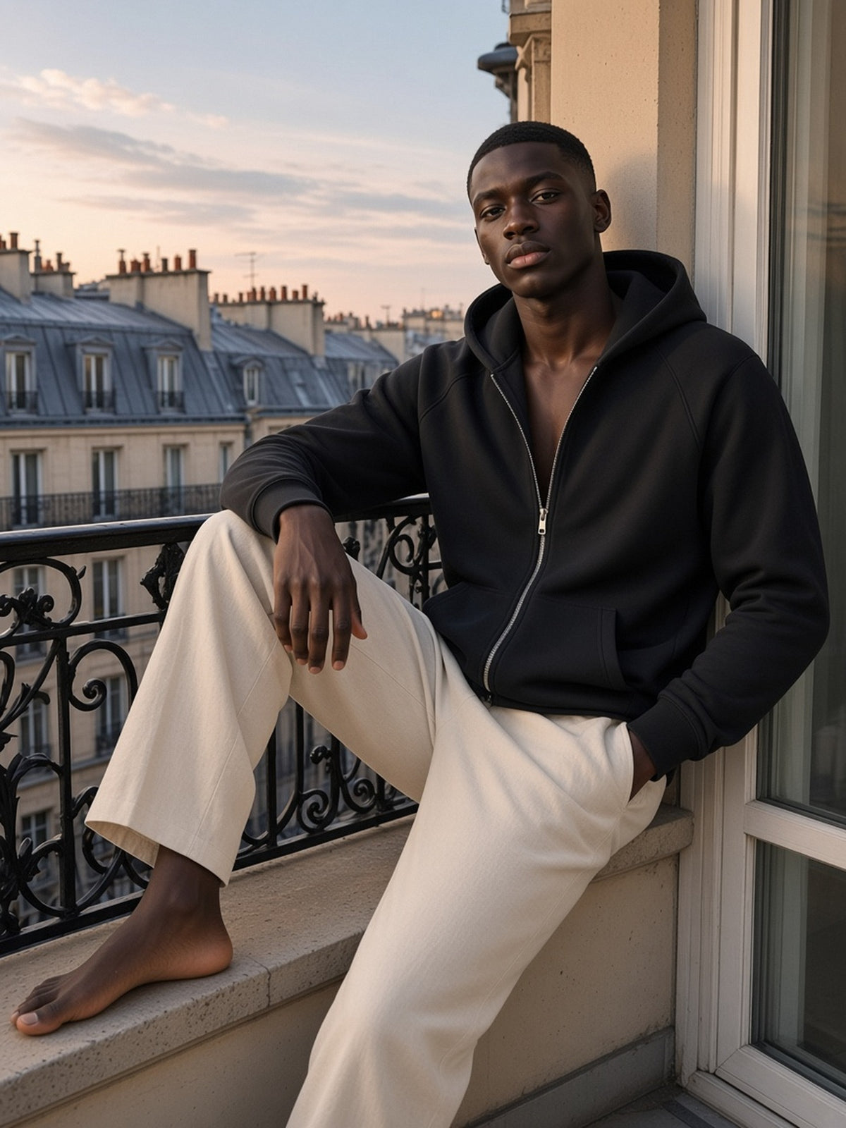 Man in Marcel Afters Essential Zip-up Fleece Hoodie — Dark in Black, worn open with no shirt, model front