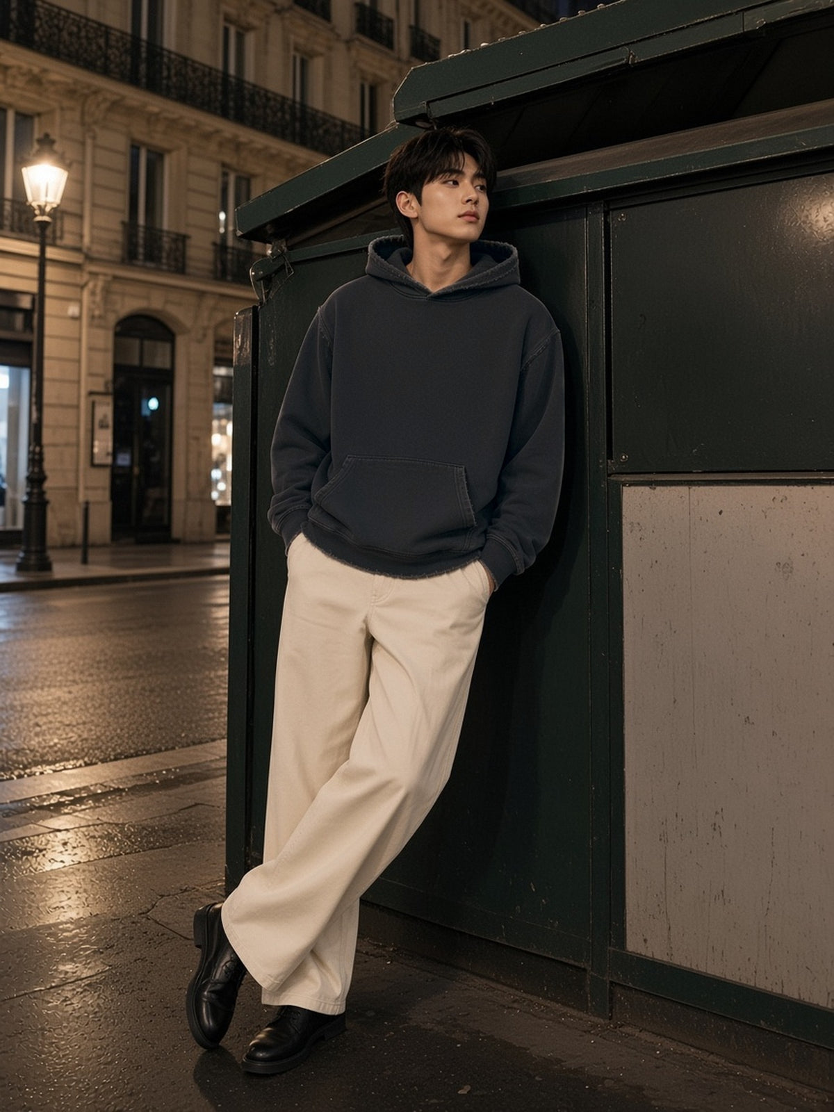 Man in Frayed Enzyme Washed Fleece Hoodie in Black, model front
