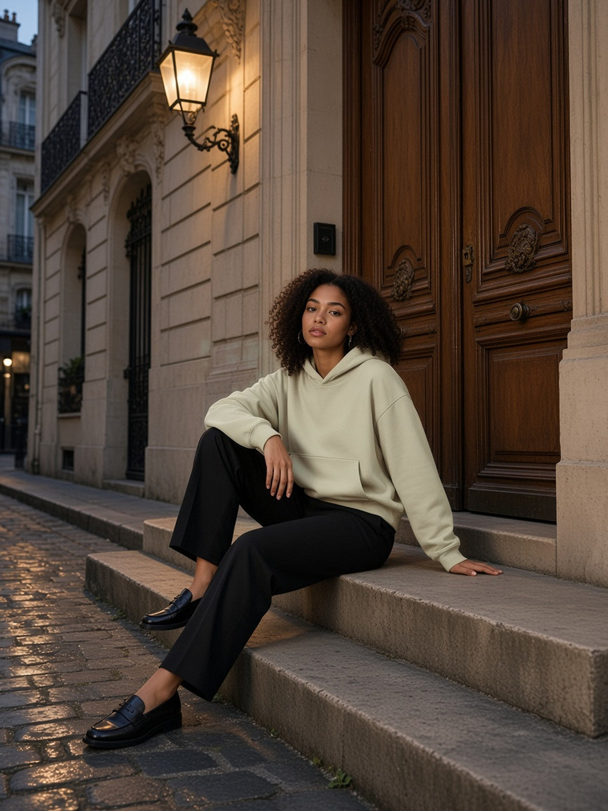 Woman in Essential Boxy Darted Sleeve Hoodie in Apricot, model front