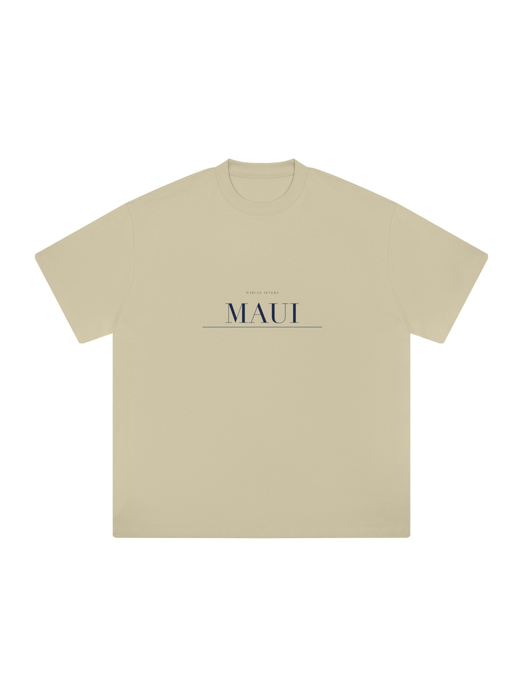 Maui Heavyweight Drop Shoulder T-Shirt by Marcel Afters in Pale Khaki, front view with the printed artwork, on white