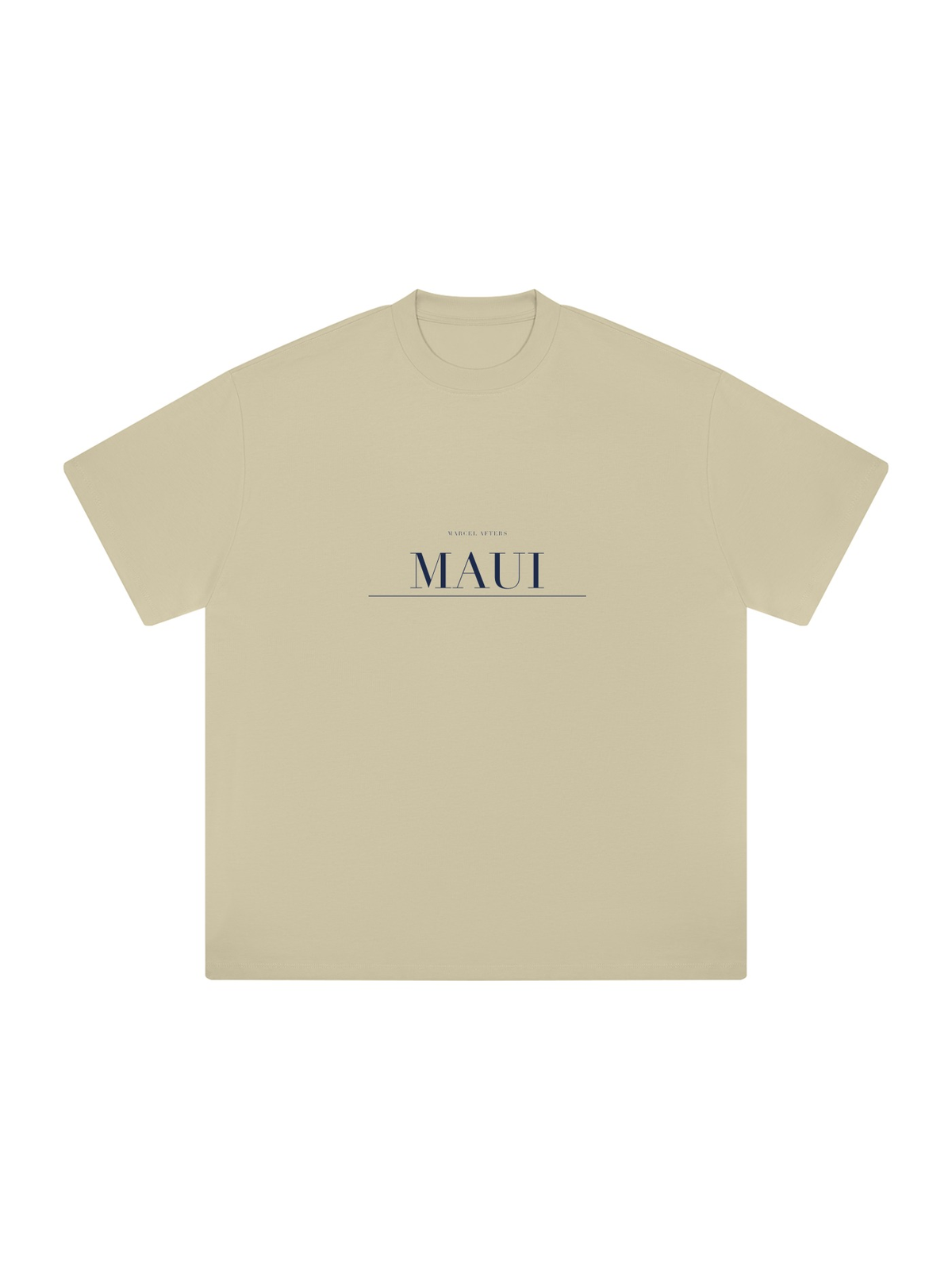 Maui Heavyweight Drop Shoulder T-Shirt by Marcel Afters in Pale Khaki, front view with the printed artwork, on white