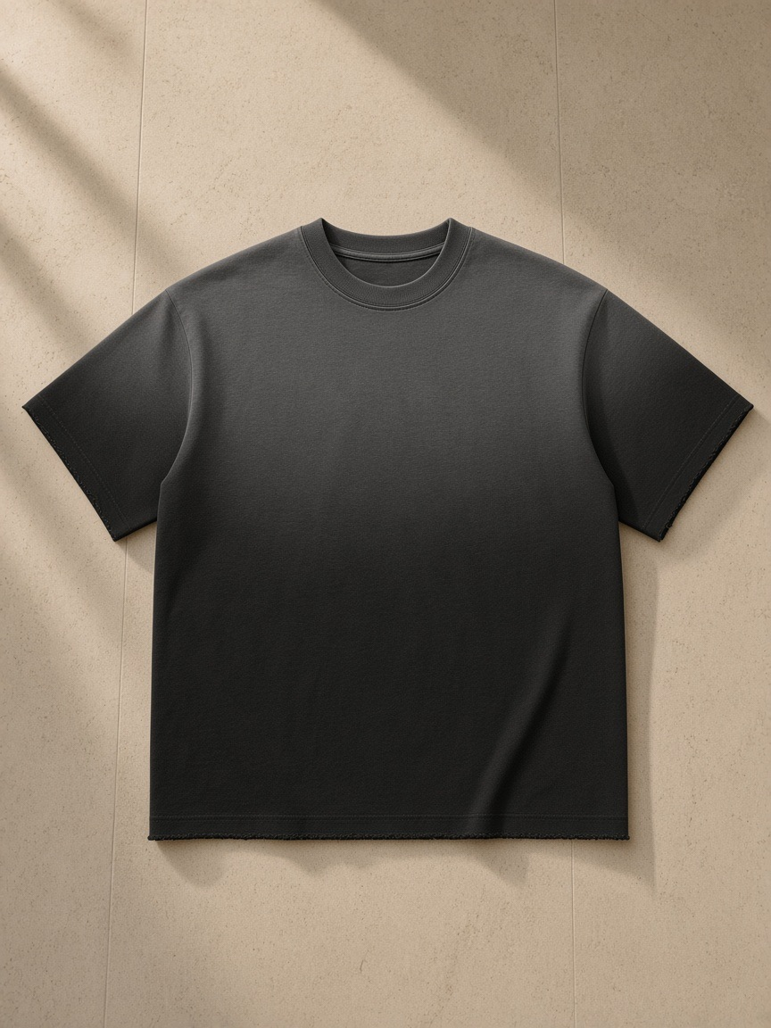 Men's sun fade raw edge t-shirt in Black, laid flat on pale limestone