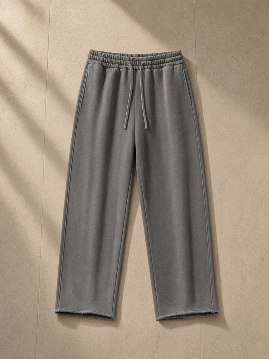 Frayed enzyme washed fleece sweatpants in Light Gray, laid flat on pale limestone