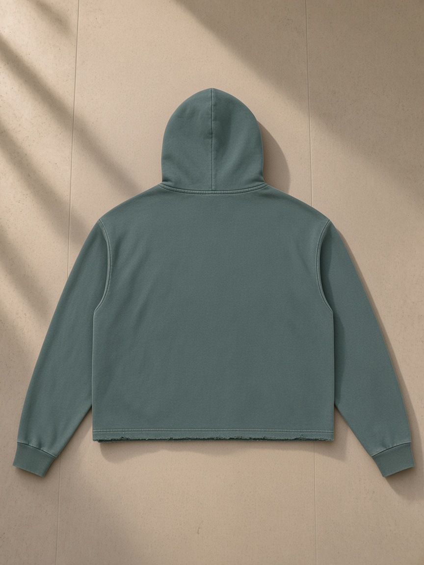 Vintage washed frayed-hem hoodie in Gray Green, laid flat on pale limestone, back view