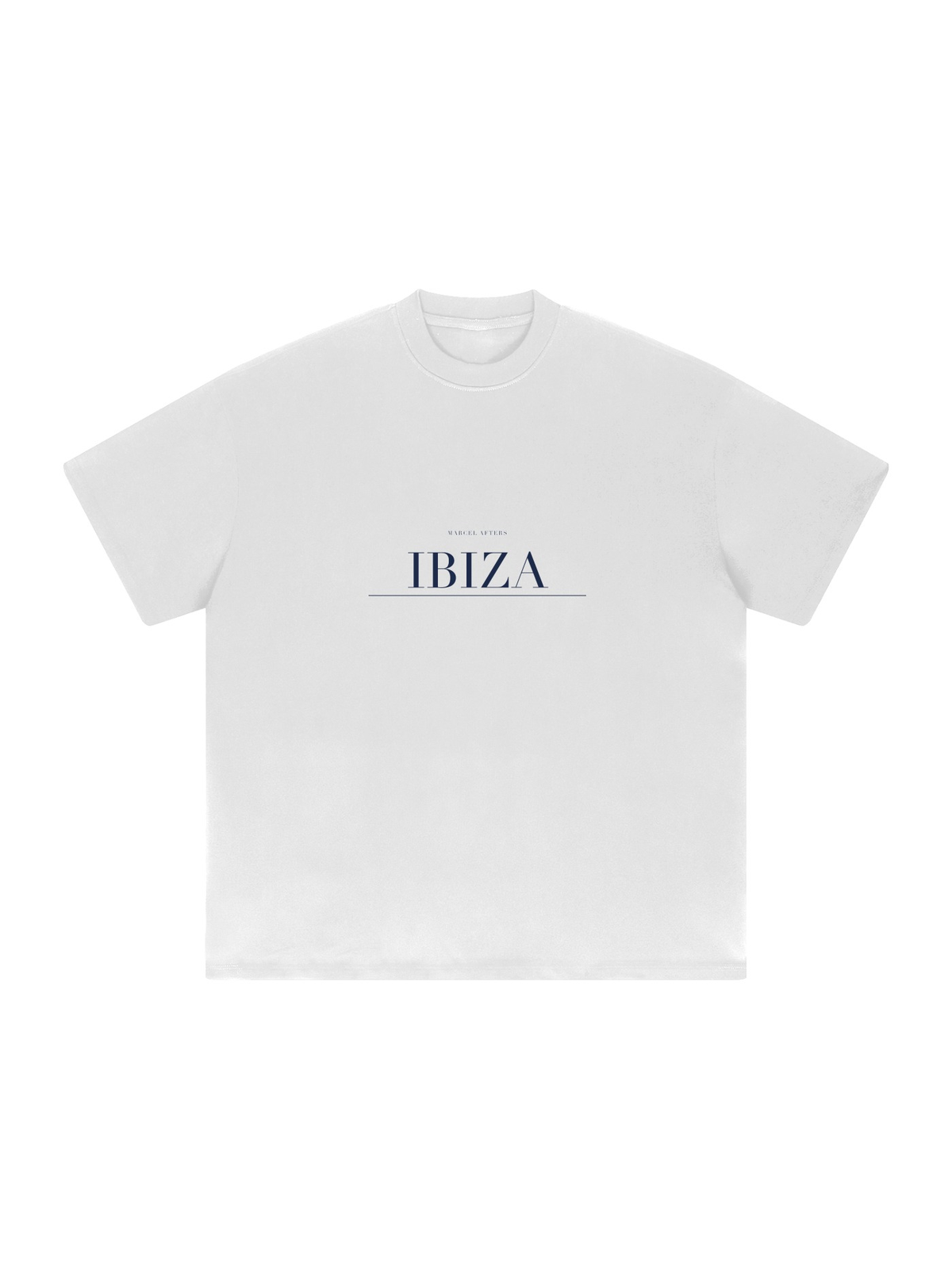 Ibiza Heavyweight Drop Shoulder T-Shirt by Marcel Afters in White, front view with the printed artwork, on white