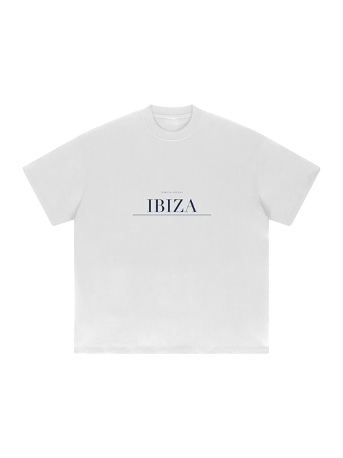 Ibiza Heavyweight Drop Shoulder T-Shirt by Marcel Afters in White, front view with the printed artwork, on white
