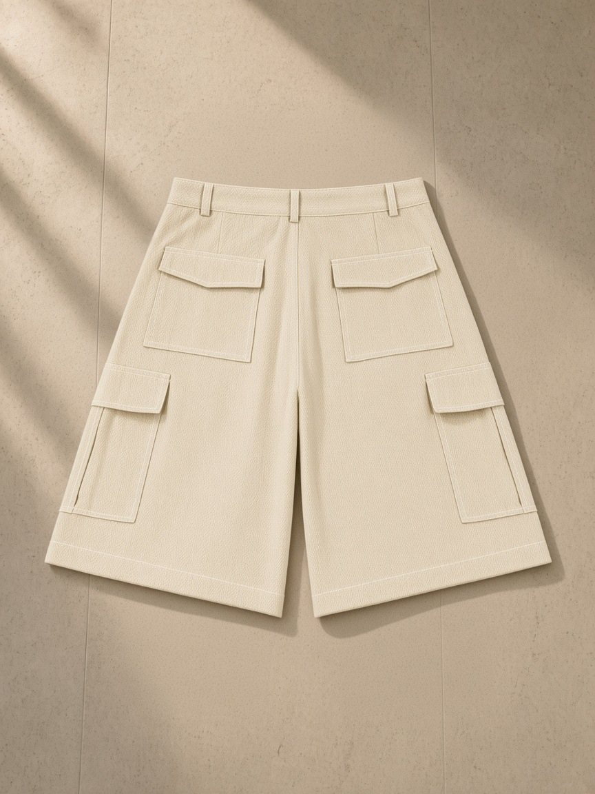 Woven Cargo Shorts in Apricot, laid flat on pale limestone, back.