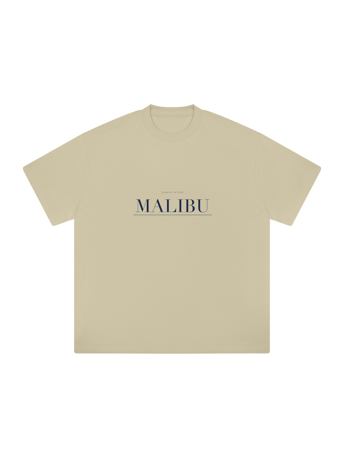 Malibu Heavyweight Drop Shoulder T-Shirt by Marcel Afters in Pale Khaki, front view with the printed artwork, on white
