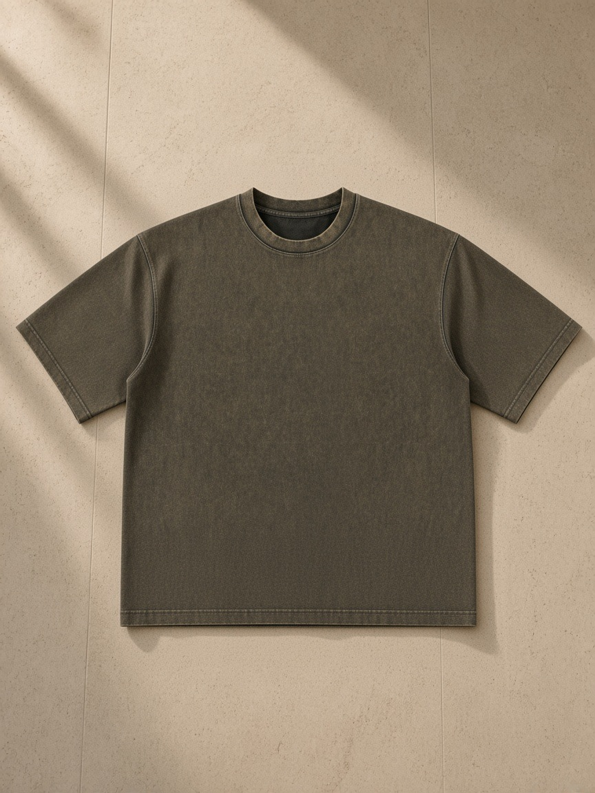 Men's Heavyweight Mineral Wash Boxy T-Shirt in Brown, laid flat on pale limestone
