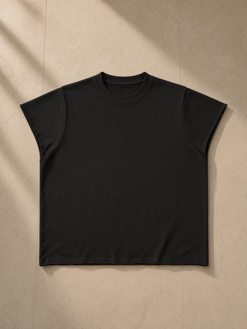 Unisex boxy raw edge t-shirt in Black, front view on white. Marcel Afters