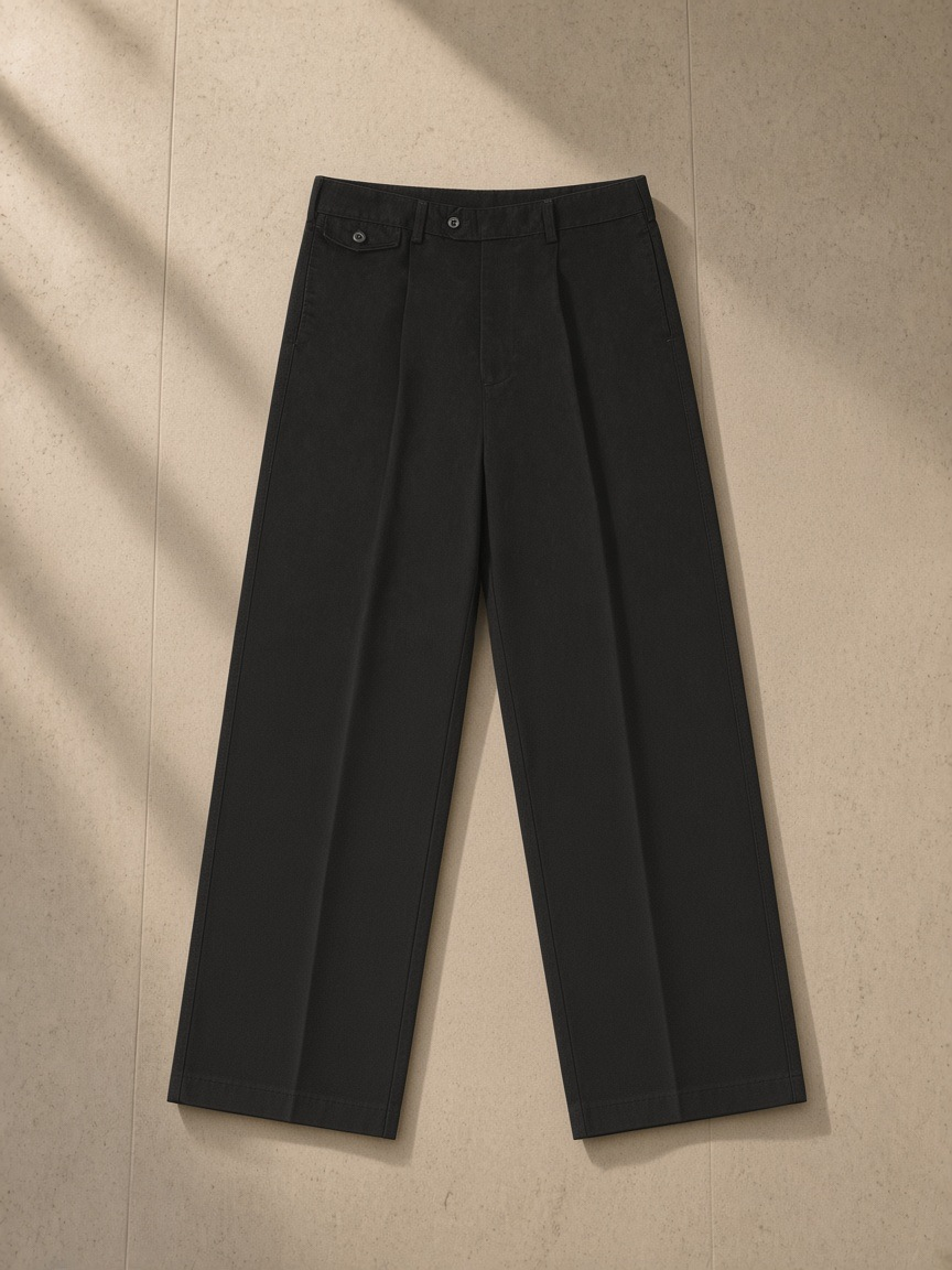 Adjustable Waist Straight-Leg Trousers in Black, laid flat on pale limestone