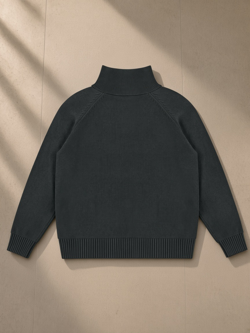 Heavyweight Collared Quarter-Zip in Dark Gray, laid flat on pale limestone, back view