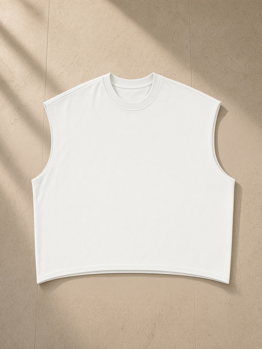 French Terry Boxy Tank Top in White, laid flat on pale limestone