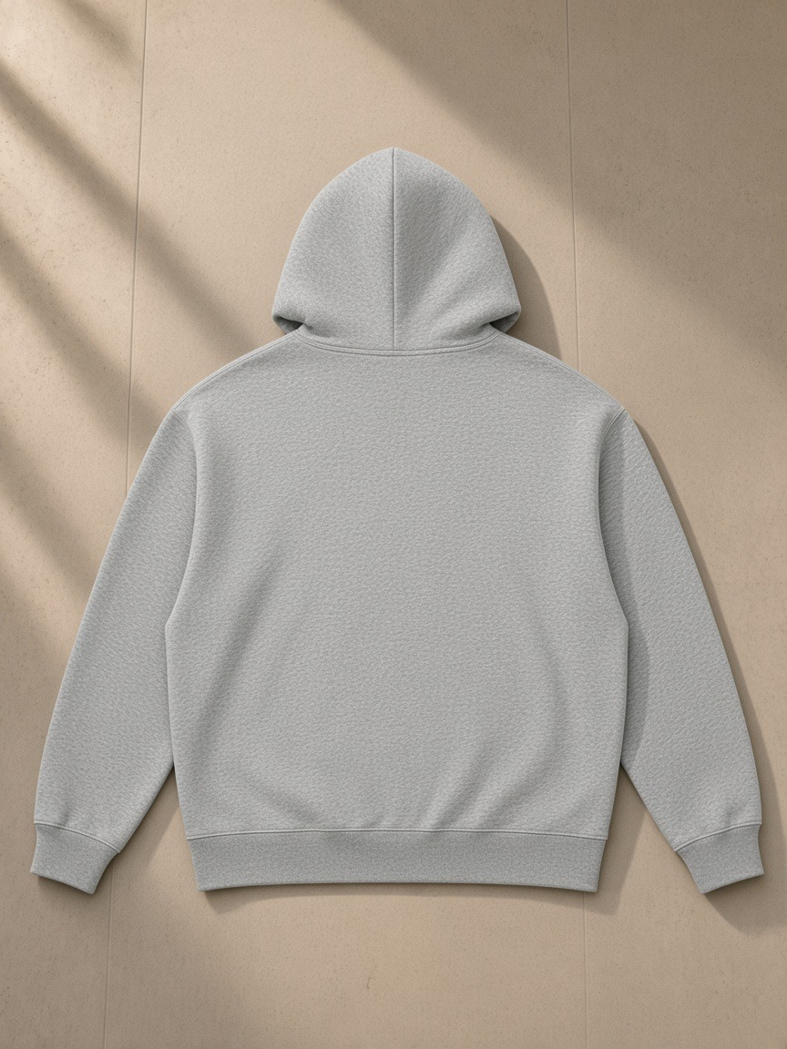 Heavyweight pullover hoodie in Flower Gray, laid flat on pale limestone, back view