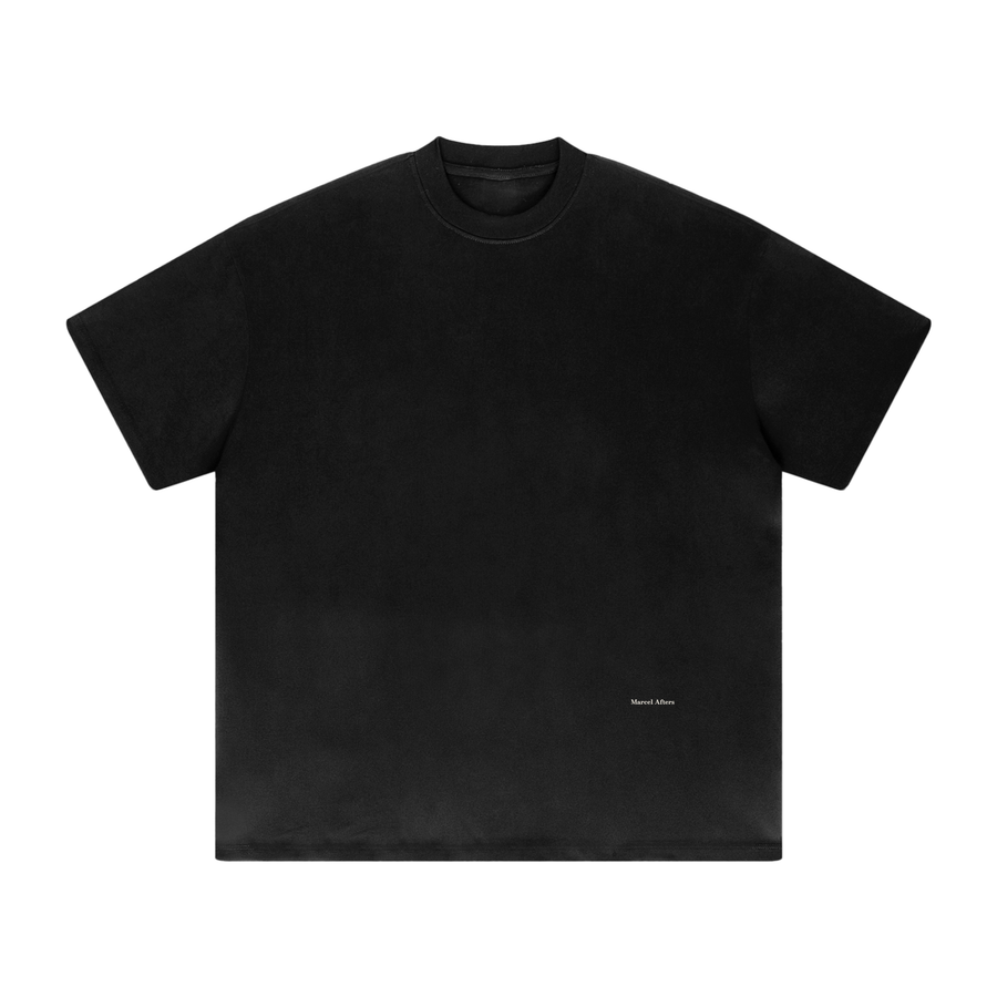 Heavyweight Drop Shoulder T-Shirt in Black, front view, small Marcel Afters wordmark at the lower left front.
