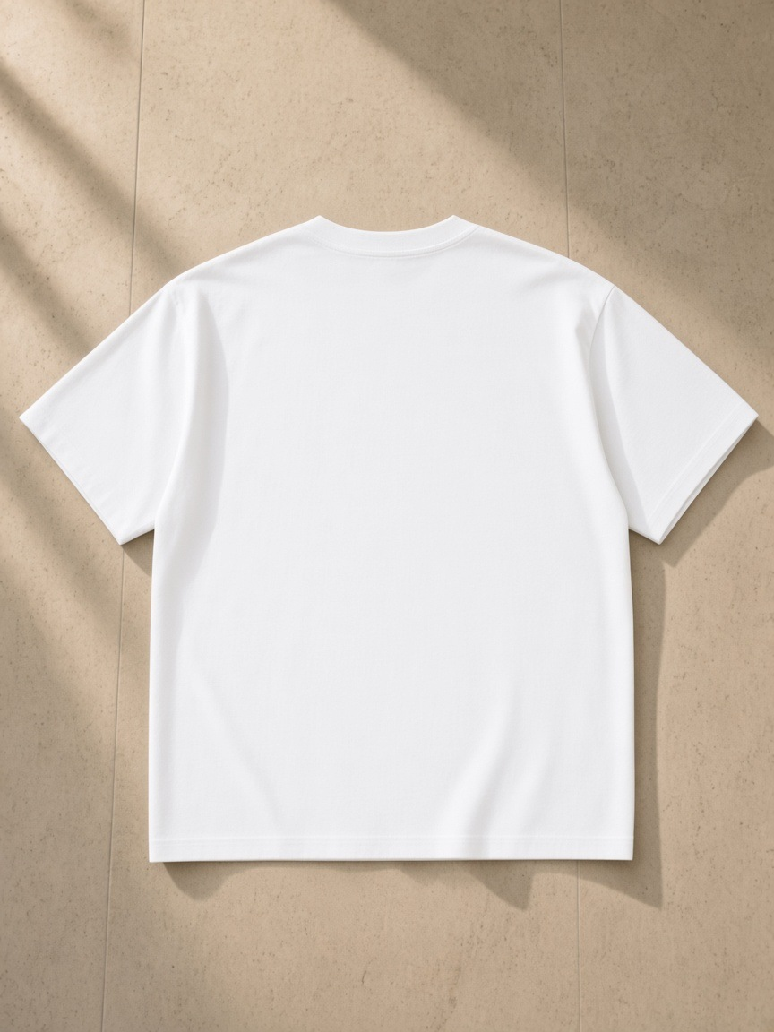 Essential Cotton Boxy T-Shirt in White, laid flat on pale limestone, back.