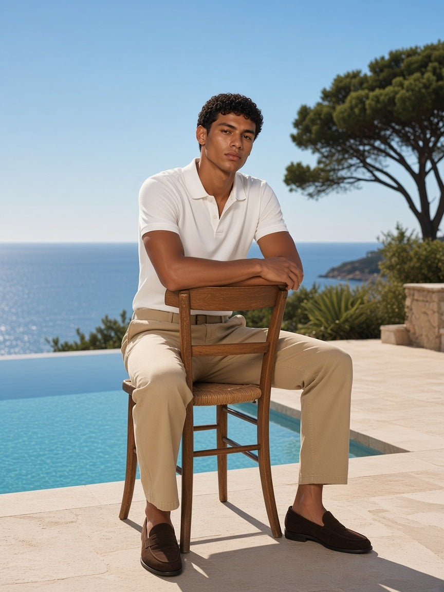 Man in the Belted Barrel-leg Chino Pants in Khaki by a villa pool on the Côte d'Azur in the morning